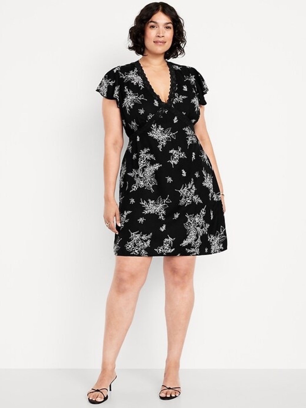 Old Navy Black and White Floral V-Neck Lace-Trim Dress